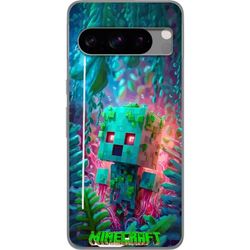 Kompatibelt Mobildeksel til Google Pixel 8 Pro Kubisk turkis figur med grønne detaljer omgitt av rosa organiske former, planter og svevende bobler