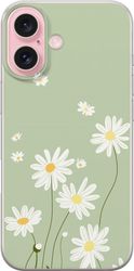 Kompatibelt Mobildeksel til Apple iPhone 16 Enkelt blomstermotiv med hvite tusenfryd og en harmonisk grønn tone i minimalistisk stil
