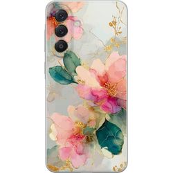 Kompatibelt Mobildeksel til Samsung Galaxy A57 Kunstnerisk motiv med rosa blomster, grønne blader og gylne linjer