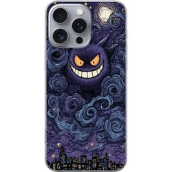 Kompatibelt Mobildeksel til Apple iPhone 16 Pro Max Pokémon Gengar illustrasjon - Mørkt motiv med stjernehimmel og bykunst
