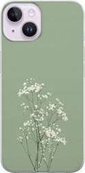 Kompatibelt Mobildeksel til Apple iPhone 14 Botanisk motiv med små hvite blomster og tynne stilker på grønn bakgrunn