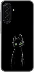 Kompatibelt Mobildeksel til Samsung Galaxy A17 5G Svart drage med lysende grønne øyne på mørk bakgrunn