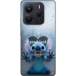 Kompatibelt Mobildeksel til Xiaomi Redmi Note 14 5G Søt blå figur bak imellom tåke og regndråper med tekst good luck, sjarmerende og fredelig motiv