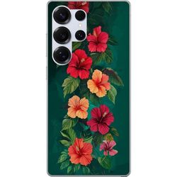 Kompatibelt Mobildeksel til Samsung Galaxy S26 Ultra Tropisk blomstermotiv med røde og oransje hibiskusblomster, grønne blader og mørkegrønn bakgrunn