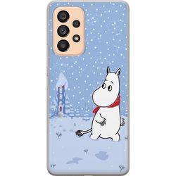 Kompatibelt Mobilskal till Samsung Galaxy A53 5G Figur står i stilla vinterlandskap med snöfall blå toner och måne som skapar lugn harmoni och mjuk v