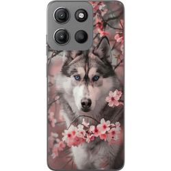 Kompatibelt Mobildeksel til Motorola Moto G15 Power Sibirsk Husky plakat hund blå øyne kirsebærblomster ulv natur dyr blomster søt retro design