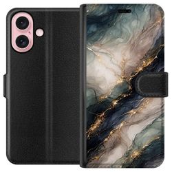 Kompatibelt Lommeboketui til Apple iPhone 16 Luksuriøst marmormønster med dypblå, gråhvite og grønne felt bundet sammen av gullfargede detaljer