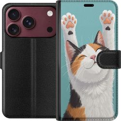 Kompatibelt Lommeboketui til Apple iPhone 18 Pro Tegnet trefarget katt med lukkede øyne og oppstrakte poter mot turkis bakgrunn