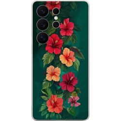 Kompatibel Mobilcover til Samsung Galaxy S26 Ultra Tropisk blomstermønster med røde og orange hibiscus blomster, grønne blade og mørkegrøn baggrund