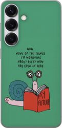 Kompatibelt Mobildeksel til Samsung Galaxy S25 Illustrert snegle med bok og humoristisk sitat om fremtiden på grønn bakgrunn