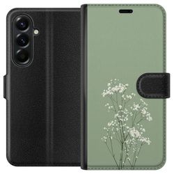 Kompatibelt Lommeboketui til Samsung Galaxy A27 Botanisk motiv med små hvite blomster og tynne stilker på grønn bakgrunn