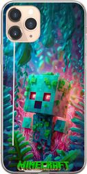 Kompatibelt Mobildeksel til Apple iPhone 11 Pro Kubisk turkis figur med grønne detaljer omgitt av rosa organiske former, planter og svevende bobler