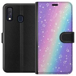 Kompatibelt Lommeboketui til Samsung Galaxy A40 Regnbuefarget pastellbakgrunn med hvite stjerner og glitrende prikker i en myk overgang