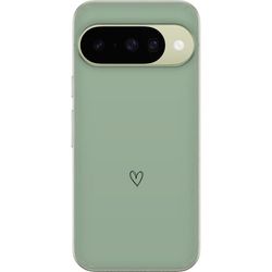 Kompatibelt Mobildeksel til Google Pixel 10 Enkelt, svart, linjetegnet hjerte på ensfarget, myk grønn bakgrunn med minimalistisk uttrykk