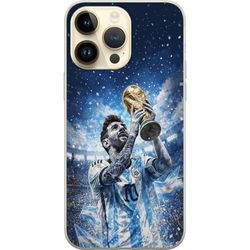 Kompatibelt Mobildeksel til Apple iPhone 15 Pro Max Fotballmotiv med Lionel Messi og VM-triumf i blåhvite farger