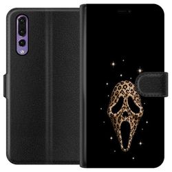 Kompatibelt Lommeboketui til Huawei P20 Pro Dekorativ gullfarget skrekkmaske med leopardmønster og glitrende detaljer på svart bakgrunn