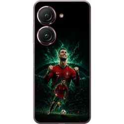 Kompatibelt Mobildeksel til Asus Zenfone 9 Cristiano Ronaldo i et portugisisk fotballmotiv med rød kampdrakt, fotball og dramatisk grønn bakgrunn