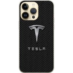 Kompatibelt Mobildeksel til Apple iPhone 15 Pro Max Sølvfarget bilemblem med tekst på svart karbonfibermønster, sporty kjøretøymotiv