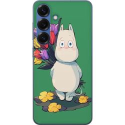 Kompatibelt Mobildeksel til Samsung Galaxy S25+ Figur som holder en bukett med fargerike tulipaner på en grønn bakgrunn i en myk illustrasjon