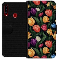 Kompatibelt Lommeboketui til Samsung Galaxy A20s Fargerikt blomstermotiv med tulipaner og grønne blader på mørk bakgrunn