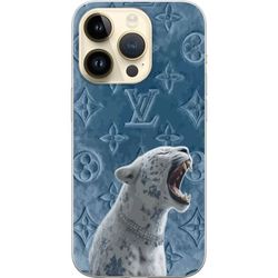 Kompatibelt Mobildeksel til Apple iPhone 14 Pro Luksuriøst dyremotiv med hvit leopard og lys blått dekorativt design