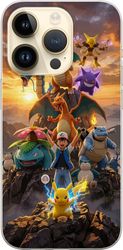 Kompatibelt Mobildeksel til Apple iPhone 15 Pro Pokémon samlet i et episk motiv med ikoniske figurer og dramatisk bakgrunn