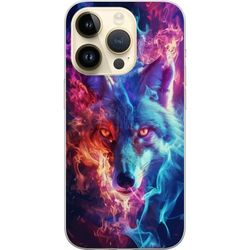 Kompatibelt Mobildeksel til Apple iPhone 15 Pro Intensiv ulv med blå og oransje ild rundt ansiktet i kraftig fantasyillustrasjon
