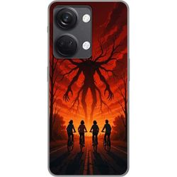 Kompatibelt Mobildeksel til OnePlus Nord 3 Mørk Stranger Things-inspirert skrekkillustrasjon med rød himmel, truende monster og syklende barn i drama
