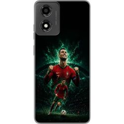 Kompatibelt Mobildeksel til Motorola Moto E14 Cristiano Ronaldo i et portugisisk fotballmotiv med rød kampdrakt, fotball og dramatisk grønn bakgrunn