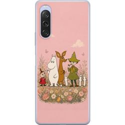Kompatibel Mobilcover til Sony Xperia 10 V Illustreret motiv med Mummitrold figurer omgivet af blomster og bløde pastelfarver.