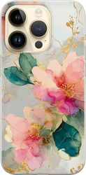 Kompatibelt Mobildeksel til Apple iPhone 14 Pro Kunstnerisk motiv med rosa blomster, grønne blader og gylne linjer