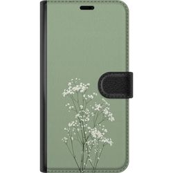 Kompatibelt Lommeboketui til Samsung Galaxy A56 Botanisk motiv med små hvite blomster og tynne stilker på grønn bakgrunn