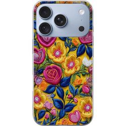 Kompatibelt Mobildeksel til Apple iPhone 17 Pro Dekorativt blomstermotiv med brodert struktur, rosa og gule blomster samt blå blader mot en klar gul