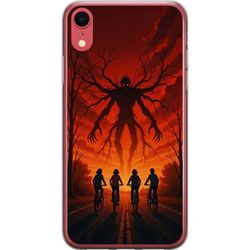 Kompatibelt Mobildeksel til Apple iPhone XR Mørk Stranger Things-inspirert skrekkillustrasjon med rød himmel, truende monster og syklende barn i dram