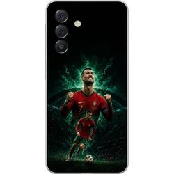 Kompatibelt Mobildeksel til Samsung Galaxy A27 Cristiano Ronaldo i et portugisisk fotballmotiv med rød drakt, fotball og dramatisk grønn bakgrunn