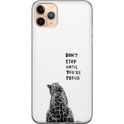 Kompatibelt Mobildeksel til Apple iPhone 11 Pro Max Svart og hvit leopard sett fra baksiden med et engelsk motivasjonssitat på en ren hvit bakgrunn.