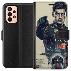 Kompatibelt Lommeboketui til Samsung Galaxy A23 Illustrert bilde av Max Verstappen med racerbil og neonbelyst bylandskap