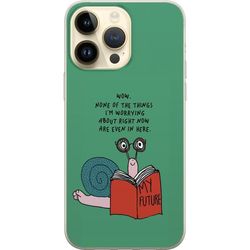 Kompatibelt Mobildeksel til Apple iPhone 15 Pro Max Illustrert snegle med bok og humoristisk sitat om fremtiden på grønn bakgrunn