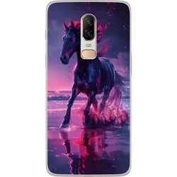 Kompatibelt Mobildeksel til OnePlus 6 Elegant svart hest som løper gjennom vann i lilla og rosa lys med en magisk følelse.