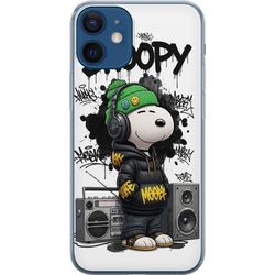Kompatibel Mobilcover til Apple iPhone 12 mini Snoopy i streetwear med hovedtelefoner og graffiti-stil står ved siden af en boombox og smiler stort,