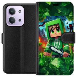 Kompatibelt Lommeboketui til Xiaomi Redmi 15C Minecraft gamer gutt grønn hettegenser - tegnet Minecraft gutt med sverd, piksler og eventyrtema