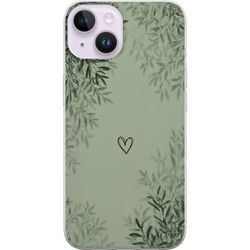 Kompatibelt Mobildeksel til Apple iPhone 15 Grønn minimalistisk bakgrunn med et enkelt hjerte, botaniske blader og myke naturlige skygger
