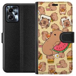 Kompatibelt Lommeboketui til Motorola Moto G13 Capybara Snack Tid Søte kapibarer nyter vannmelon pizza og popcorn i en varm og leken design som sprer