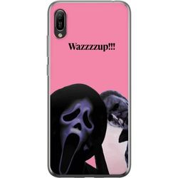 Kompatibelt Mobildeksel til Huawei Y6 Pro (2019) Illustrasjon med masker og leken tekst i sterke farger, dramatisk og grafisk stil
