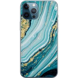 Kompatibelt Mobildeksel til Apple iPhone 12 Pro Max Kunstnerisk marmor motiv i turkise toner med skinnende gylne effekter