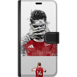 Kompatibelt Lommeboketui til Motorola Moto E14 Viktor Gyökeres portrett i Arsenal-drakt med kunstnerisk svart-hvit stil og røde detaljer