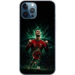 Kompatibelt Mobildeksel til Apple iPhone 12 Pro Cristiano Ronaldo i portugisisk fotballmotiv med rød drakt, fotball og dramatisk grønn bakgrunn