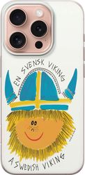 Kompatibelt Mobildeksel til Apple iPhone 16 Pro Hvitt motiv med tegnet svensk viking, blågul hjelm og teksten En Svensk Viking