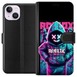 Kompatibelt Lommeboketui til Apple iPhone 15 Roblox Hoodie Legend Mystisk Robloxfigur i blå hettegenser med futuristiskt neonlys