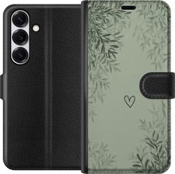 Kompatibel Tegnebogsetui til Samsung Galaxy S25 Grøn minimalistisk baggrund med enkelt hjerte, botaniske blade og bløde naturlige skygger